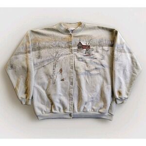 Vintage 80s Artisans Cardigan Sweater Sunschein Snow Cabin Texture Sz XXL *Flaws